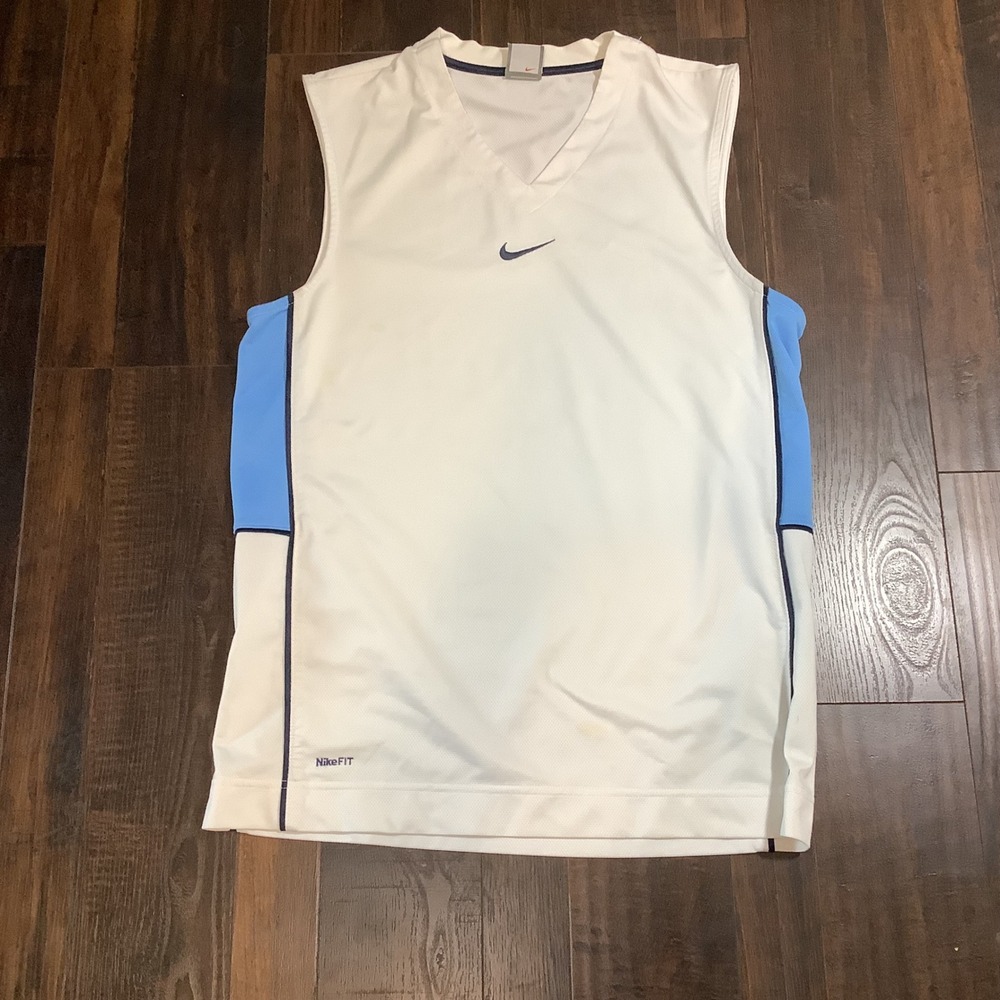 Nike Fit Dry Sleeveless Training Shirt Mens Large White Blue V-Neck Tank